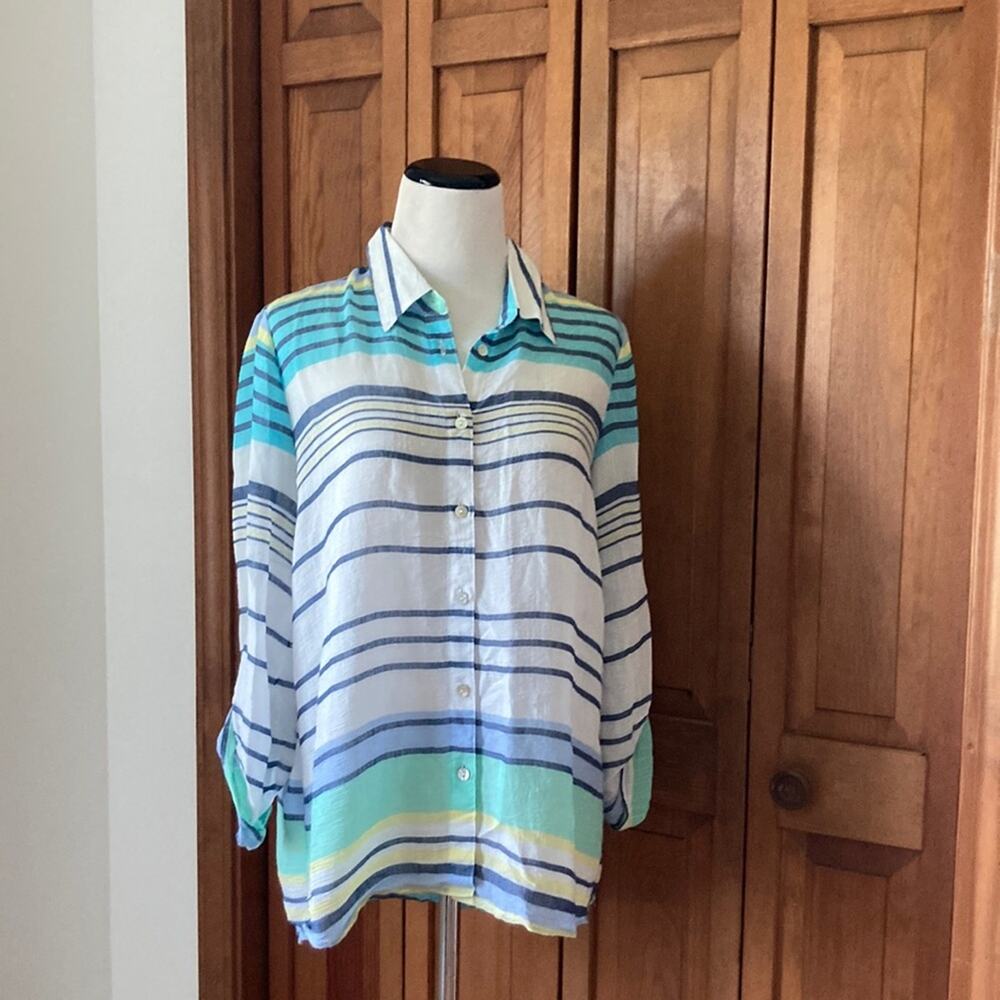 New Directions Striped Blue, White, & Green Buttondown Top, Size S